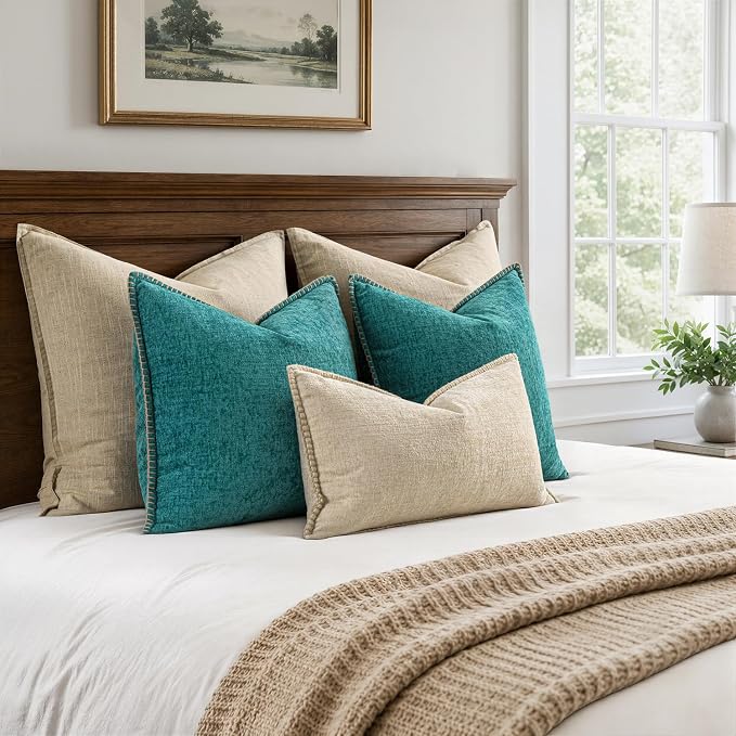 MIULEE Decorative Couch Throw Pillow Covers 18x18 Inch Teal 2 Pack | Farmhouse Pillow Covers with Stitched Edge, Soft Chenille Cushion Cases, for Sofa Bed Living Room Home Decor