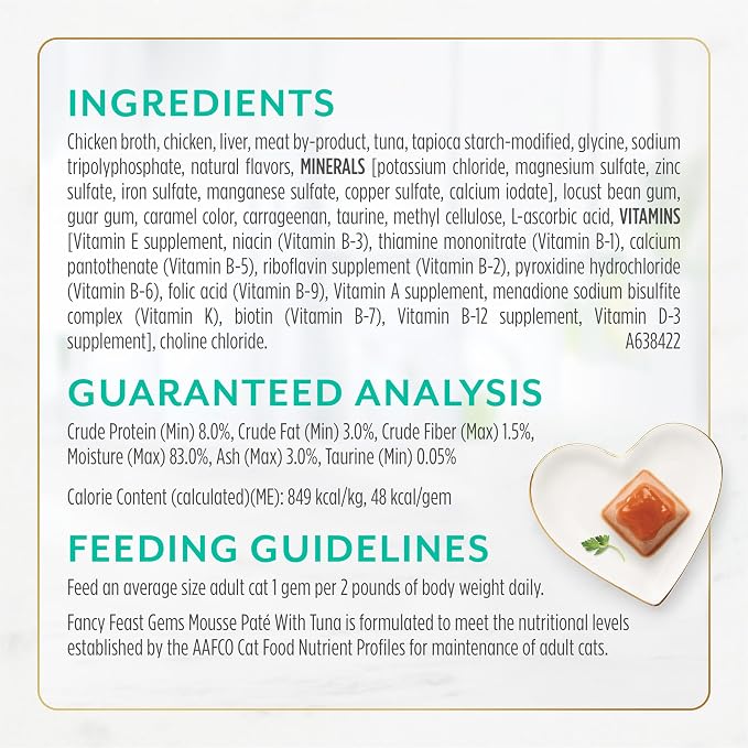 Purina Fancy Feast Gems Tuna Pate Wet Cat Food Variety Box, 4 oz, 8-Pack | 16 single servings, mousse pate with savory gravy, made with no artificial preservatives, 100 percent complete and balanced