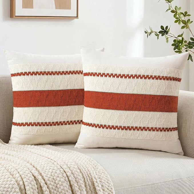 Fancy Homi Set of 2 Boho Burnt Orange Big Decorative Throw Pillow Cover 24x24 Inch for Couch Bed Bedroom, Aesthetic Modern Organic Farmhouse Room Decor, Soft Cotton Accent Macrame Woven Cushion Case