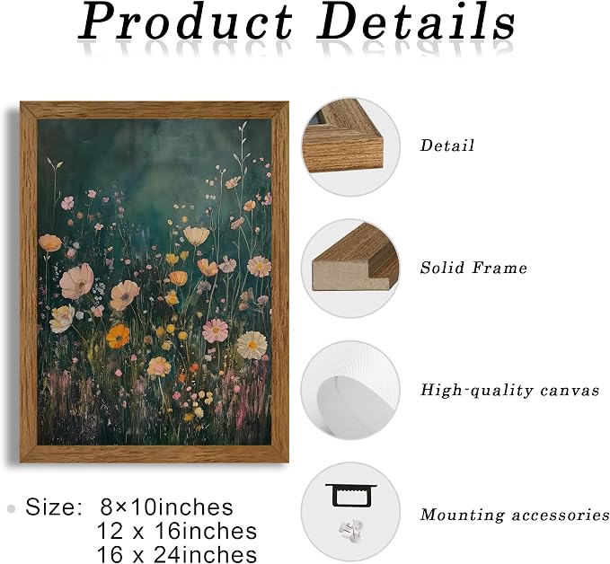 JLTULT Vintage Floral Wall Art, Pink Wood-Framed Canvas, 8 x 10 In | Pink wildflower art on fade-resistant canvas with a ready-to-hang solid wood frame for bathroom, bedroom and farmhouse decor