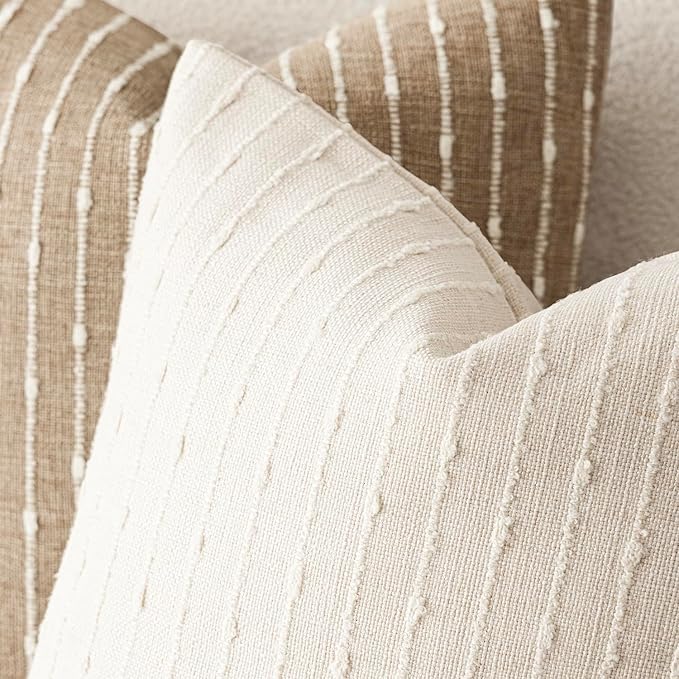 Foindtower Pack of 2 Decorative Jacquard Boucle Throw Pillow Covers Accent Textured Striped Pillowcases Cozy Modern Cushion for Couch Sofa Bedroom Living Room Home Decor 18x18 Inch Cream White