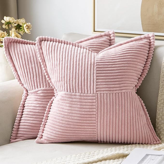 MIULEE Decorative Throw Pillow Covers for Couch 18x18 Inch Pink 2 Pack | Boho Broadside Striped Patchwork Pillow Covers, Soft Corduroy Cushion Cases, For Sofa Bed Livingroom Home Decor