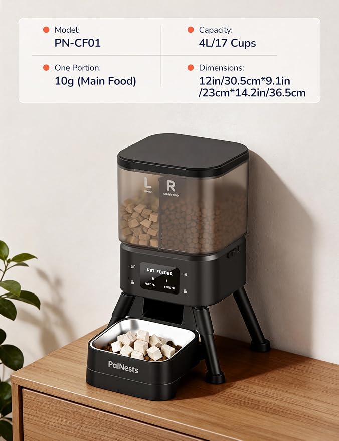 Dual Chamber Automatic Cat Feeder 4L, Dry/Treat Portion | Smart WiFi Pet Food Dispenser 4L with 2.4&5G WiFi App, Custom Schedule & Portion Control for Dry Food and Treats, Black