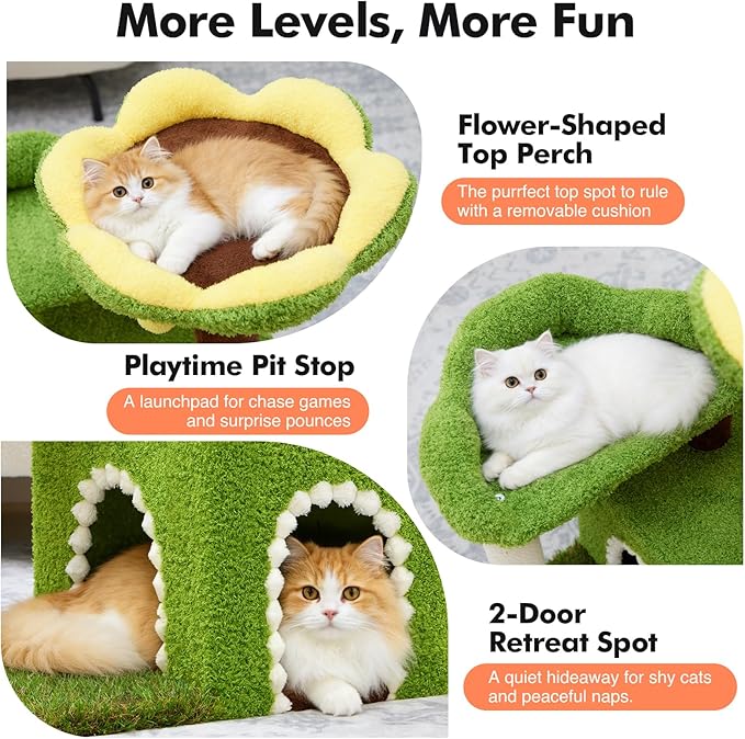 Sunflower Short Cat Tree with Cat Scratching Posts Small Cat Tower | Cat Condo,Cat Perch,Cat Bed 3-in-1 Cat Scratcher for Small Cats and Kittens