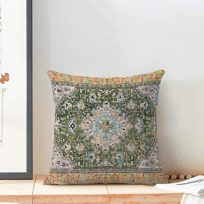 AEIOAE Boho Pillow Covers 16x16 Inch Set of 2,Carpet Pattern Throw Pillows Case,Sage Green Yellow Ethnic Design Outdoor Decorative Square Linen Farmhouse Decor Cushion Covers for Home Sofa Bed Couch