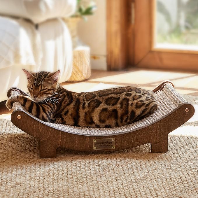 FUKUMARU Extra Large Sisal Cat Scratcher Bed Indoor Sturdy Wood Scratch Bed | 27.4 Inch Large Cat Scratching Bed Scratch Pad, 100% Natural Sisal Cat Hammock, Solid Wood Frame Lounger Chair Sofa