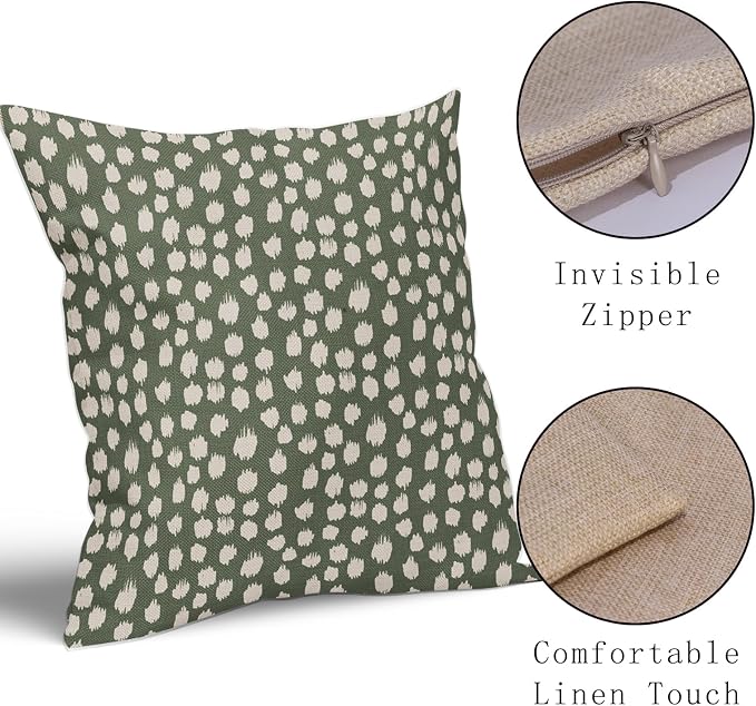 Dark Sage Green Cream Dots Pillow Covers 16x16 Set of 2 Boho Design Polka Dot Throw Pillows Modern Trendy Print Outdoor Decorative Pillowcase Square Linen Cushion Cases Decor for Sofa Couch Bed