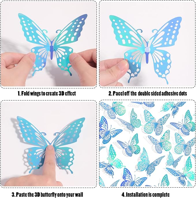 SAOROPEB 3D Butterfly Wall Decor 48 Pcs Laser Blue Butterfly Decorations | 4 Styles 3 Sizes, Butterfly Birthday Decorations Butterfly Party Decorations Cake Decorations, Removable Stickers