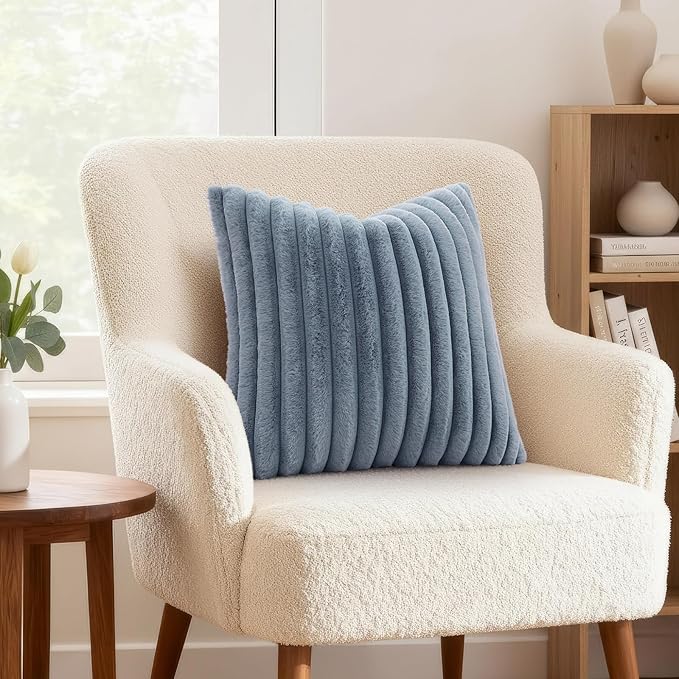 decorUhome Fall Faux Fur Throw Pillow Covers 22x22 Set of 2 Grey Blue | Decorative Soft Cozy Striped Plush Modern Farmhouse Boho Couch Pillow Cases Velvet Back for Sofa Bed Living Room Home Decor