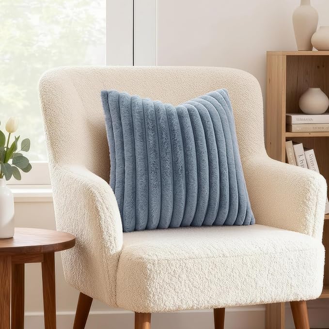 decorUhome Fall Faux Fur Throw Pillow Covers 26x26 Set of 2 Grey Blue | Decorative Soft Cozy Striped Plush Modern Farmhouse Boho Couch Pillow Cases Velvet Back for Sofa Bed Living Room Home Decor
