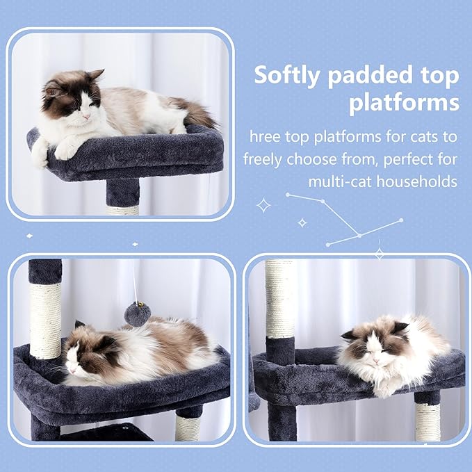 Hey-brother Cat Tree Tower with Stable Extended Base, 3 Platforms, MPJ038G | 70.9 Inches Multi-Level Sisal Scratching Posts, Wide Bed, 2 Cozy Condos, 2 Hammocks, Toy Balls for Indoor Cats, Smoky Gray