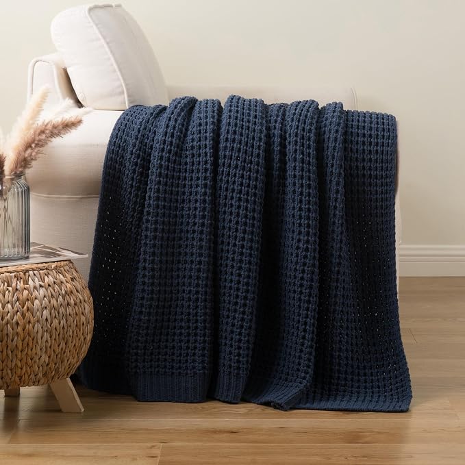 Navy Blue Throw Blanket for Couch, Chenille Knitted Blue Blanket 60''x80'' | Soft Cozy Chunky Knitted Blanket, Warm Thick Throw Blanket for Home Decor, Sofa, Men, Modern Farmhouse Style