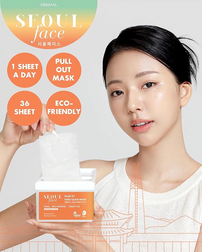 DERMAL Seoul Face Snail 3X Daily Quick Mask 36 Sheet – Korean Skincare Vegan Tencel Facial Masks - Skin Repairing, Anti Aging Face Mask Sheets with Ginseng Root, Green Tea Leaf Extract