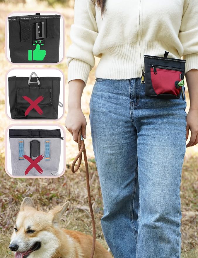 Gobeigo 2 Cup Dog Treat Pouch with Training Clicker(Black/Red) | 2 Pair Magnetic Closures, Zipper Pocket with Poop Bag Holder, Waist Belt & Metal Clip to Wear for Pet Training/Daily Walking