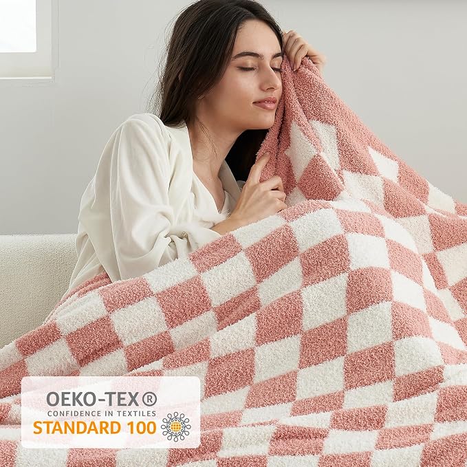 Snuggle Sac Checkered Bedding Blanket Twin Size 60x80, Super Soft, Cozy Warm Knit Blankets, Reversible Breathable Lightweight Fluffy Throws for Sofa, Bed, Checkered Pink, 60x80 Inches