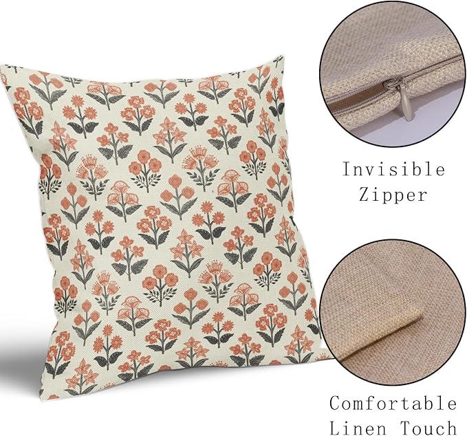 Orange Black Floral Block Print Pillow Covers 20x20 Inch Set of 2, Vintage Flower Pattern Decorative Throw Pillowcases Outdoor Farmhouse Cushion Covers Spring Summer Rustic Sofa Couch Bed Decor