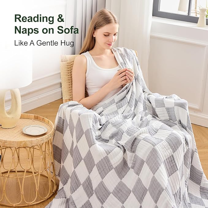 EMME Cooling Muslin Queen Blanket for Bed - Checkered Lightweight Summer Cotton Blankets of Rayon Derived from Bamboo for Hot Sleepers, Ultra Soft Breathable Gauze