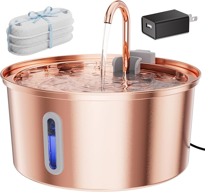 Tomxcute Stainless Steel Cat Water Fountain with Copper Plated,108oz | For Cats and Dogs,Visible Window,Copper-plated 304,Ultra Quiet Pump,Soft LED Night Light