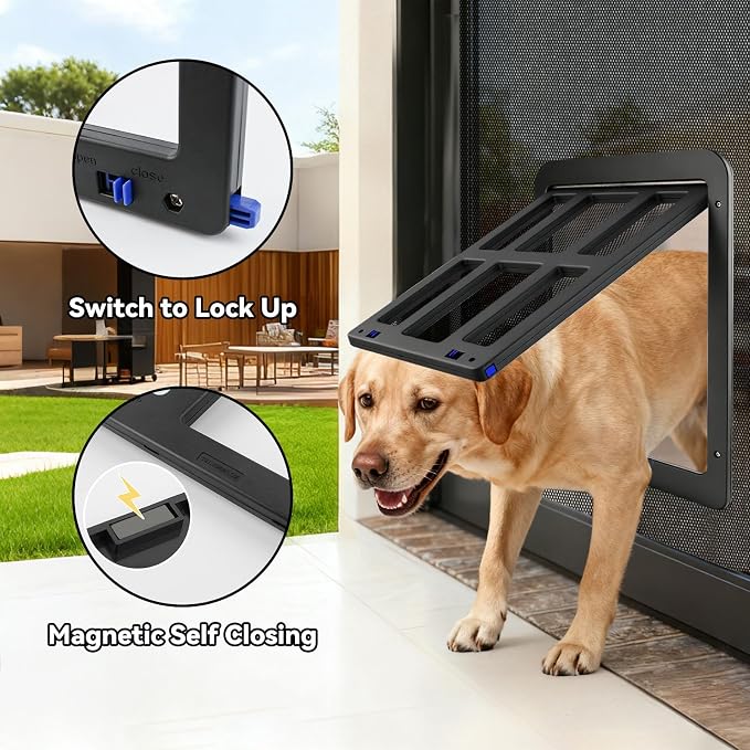 Dog Door for Sliding Screen Door, Large Dog Door Automatic Magnetic Lockable Door- Inner 12"×15.5" Black