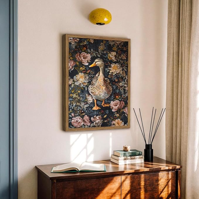 Vintage Mallard Duck Wall Art, Whimsical Dark Cottagecore Duck Wall Decor Painting Moody Animal and Botanical Poster Canvas Print for Living Room Bedroom 16x24 inch Wood Framed