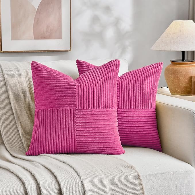 Fancy Homi Set of 1 Hot Pink Square Decorative Throw Pillow Covers 14x14 Inch for Living Room Bedroom Couch Bed Sofa, Soft Striped Corduroy Modern Rectangle Accent Cushion Case 35x35 cm