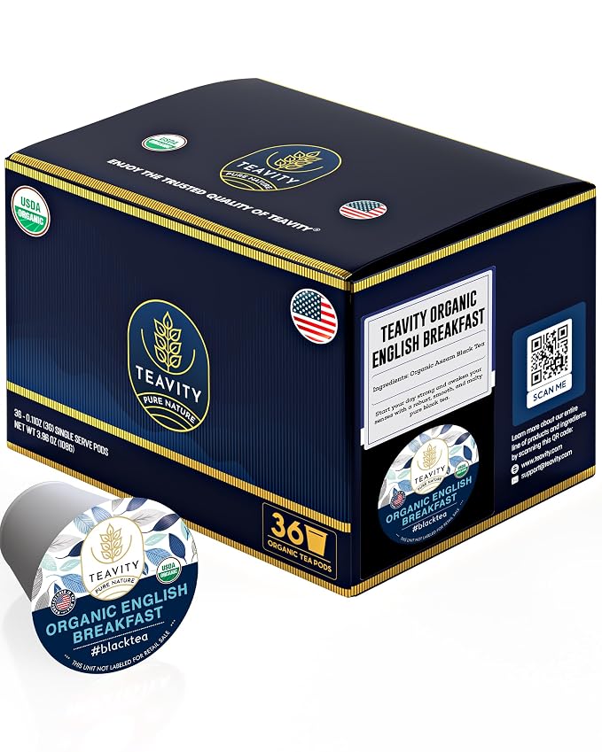 Organic English Breakfast Tea Pods for Keurig - Naturally Caffeinated Unsweetened Black Tea Pods by Teavity (36 Tea Pods)