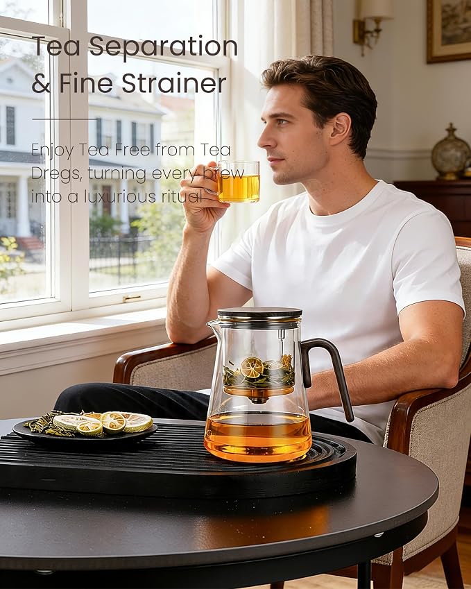 ZENS Magnetic Tea Pot, Large Enchanted Glass Teapot with Infuser and Magnetic Suction Lid for Mess-Free Loose Tea Diffusers, Black Walnut Pattern Handle, Tea Lovers Gifts