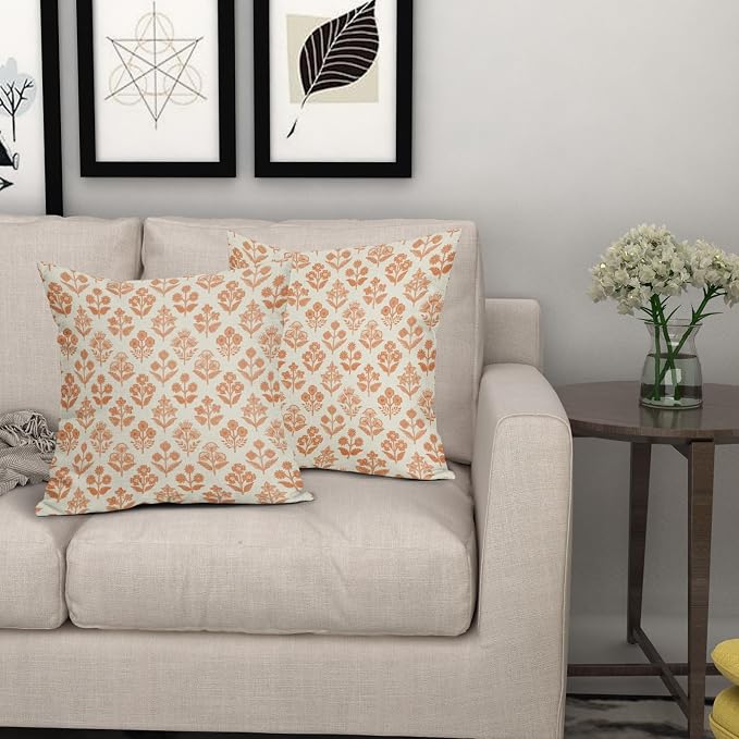 Orange Floral Pillow Covers 20x20 Inch Set of 2, Vintage Flower Block Print Pattern Decorative Throw Pillowcases Outdoor Farmhouse Cushion Covers Spring Summer Rustic Sofa Couch Bed Decor