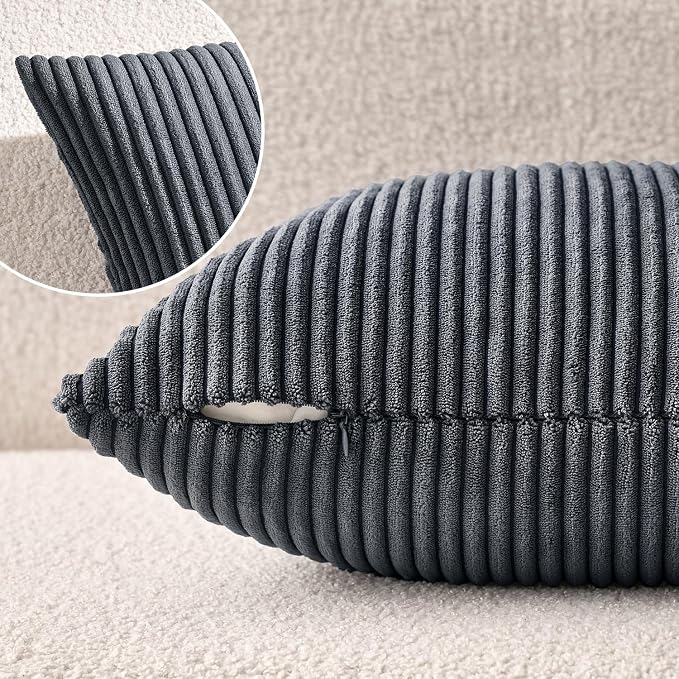 MIULEE Decorative Corduroy Throw Pillow Covers Set of 2 20x20 Grey | Soft Striped Textured Cushion Cases, Boho Modern Square Pillowcases for Home Decor, for Couch Chair Sofa Bed Living Room