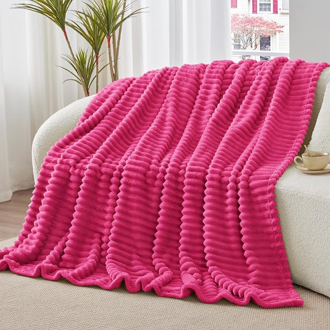 BEDELITE Striped Fleece Throw Blanket, Hot Pink, 50"x60" | 300GSM Microfiber Fleece, Soft Cozy, Lightweight Warm, Double-Sided Plush, Machine Washable, Gift, Room Decor, for Couch Sofa