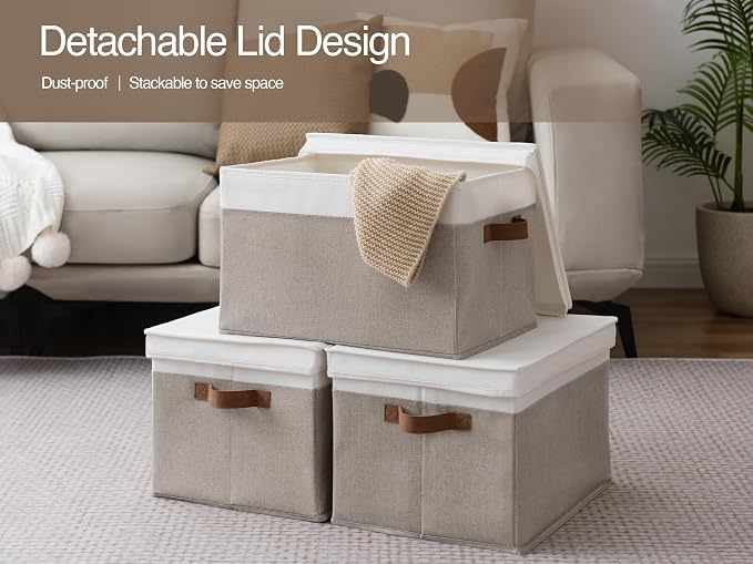 StorageWorks Fabric Storage Bins with Lids, Closet Storage Bins | Lidded Dust-proof, Easy Pull Handles, Foldable, Stackable, Ideal for Clothes Blanket Towel, Jumbo, Brown and White, 3-Pack