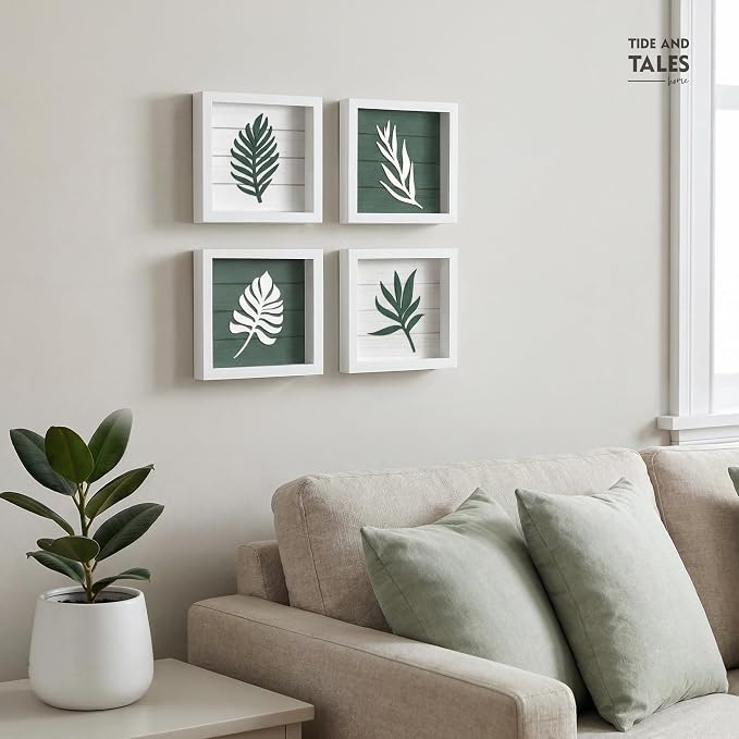 Tide and Tales 3D Green Botanical Wall Art, Framed Set of 4, Leaf Decor | 7x7 Inch, Lightweight, Wooden, Ready-to-Hang, Minimalist Boho Farmhouse Pictures for Bathroom, Bedroom, Living Room or Office