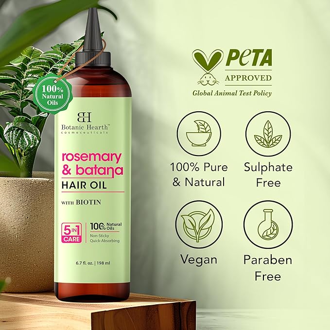 Botanic Hearth Hair Oil for Hair Growth & Hair Treatment Oils | Strengthening Dry, Frizzy, Damaged Hair & Scalp Treatment | Rosemary & Batana Hair Oil – 6.7 Fl Oz