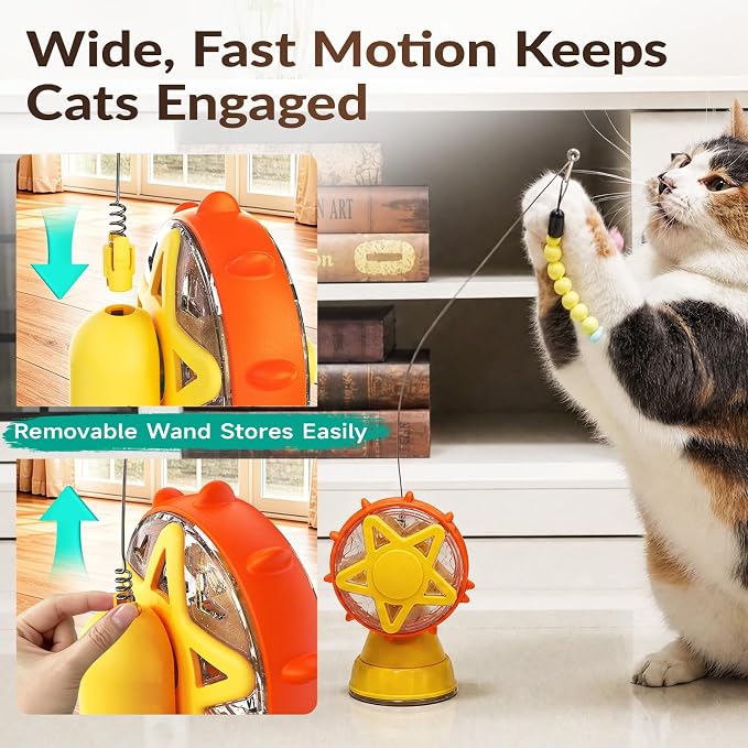 2-in-1 Interactive Cat Toy, Rotating Treat Dispenser with Strong Suction Cup & Teaser Wand, Adjustable Slow Feeder Puzzle Toy for Cats, Boredom Relief & Mental Stimulation Fits Kibble ,Treats (Yellow)