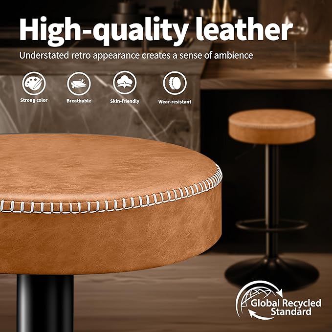 Tall Bar Stools Set of 2 Modern Microfiber Leather Bar Height Stools with Round Seat 360° Swivel Backless Counter Stools Adjustable Barstools for Kitchen Island Pub Brown(24-33 Inch,330lbs)