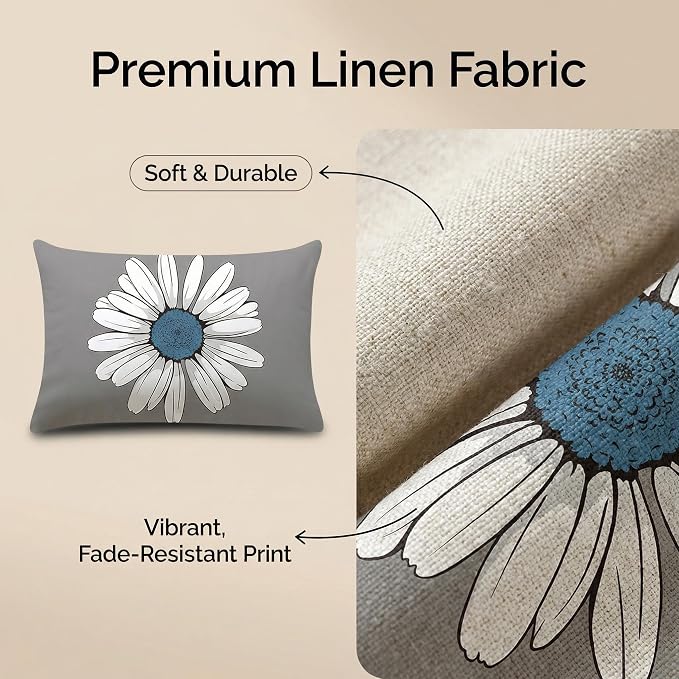 COMMINY Blue Grey Lumbar Pillow Covers 12x20 Set 6 Linen Throw Cover | Daisy Dhalia Pattern, Lumbar Pillow Size, Breathable Linen, hidden zipper, Bed Bench Office Chair, modern farmhouse decor