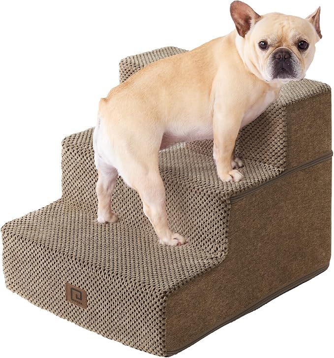EHEYCIGA Dog Stairs for Small Dogs 13.5" H, 3-Step Dog Steps for Cats, Camel
