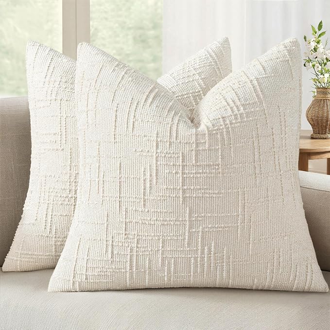 MIULEE Chenille Textured Throw Pillow Covers Cream White 18x18 Set of 2 | Slubby Decorative Pillows, Boho Farmhouse Home Decor, Modern Neutral Cushion Covers for Couch Sofa Bed Living Room