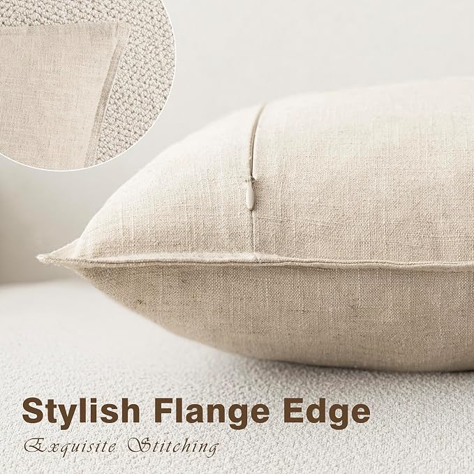 Foindtower Pack of 2, Decorative Linen Soild Throw Pillow Covers Soft Accent Lumbar Cushion Case Boho Farmhouse Neutral Pillowcase for Couch Sofa Bed Living Room Home Decor 12 x 20 Inch Natural Beige
