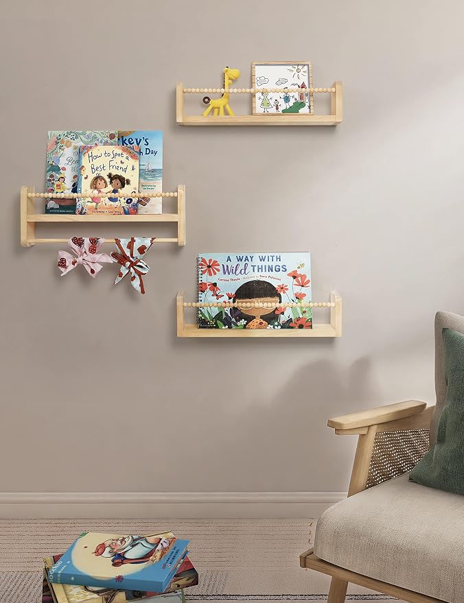 Maxpeuvon Nursery Shelves for Wall Set of 3, Natural Wood Floating Shelves | Kids Bookshelf with Towel Bar, Wall Mounted Organizer and Decor with Beads, for Kids Room, Bedroom and Kitchen