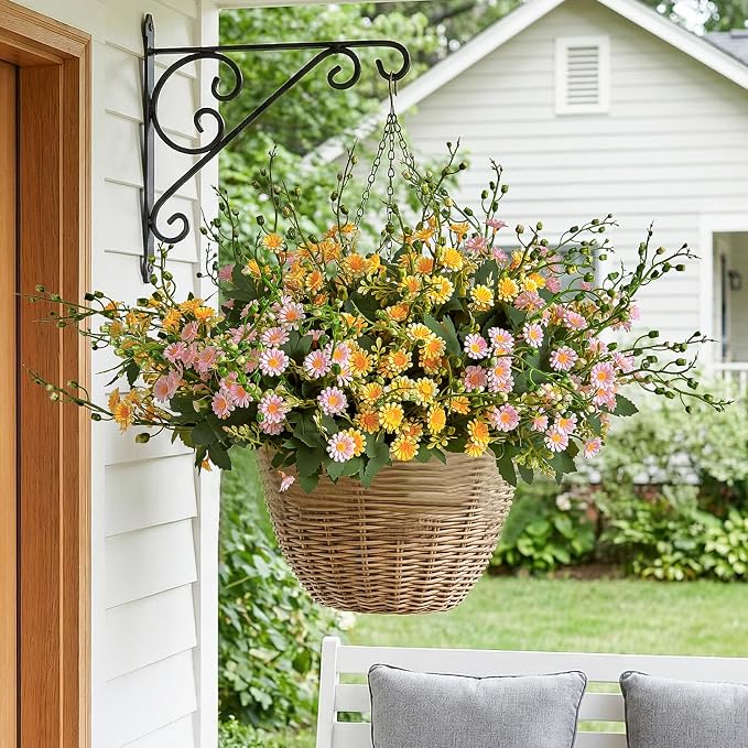 RM ROOMERS Artificial Flowers Plants for Outdoors, Fake Flowers Yellow&Pink | Daisy UV Resistant Faux Flower for Garden Porch Windowbox Front Door Yard, No Fade Home Table Vase Decor (4 Bundles)