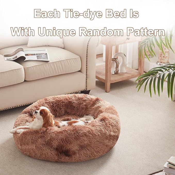 30 in Faux Fur Fluffy Donut Dog Bed for Medium Dogs,Tie-dye Brown | Calming Plush Round Pet Bed with Removable & Washable Cover,Fits up to 45 lbs Pets
