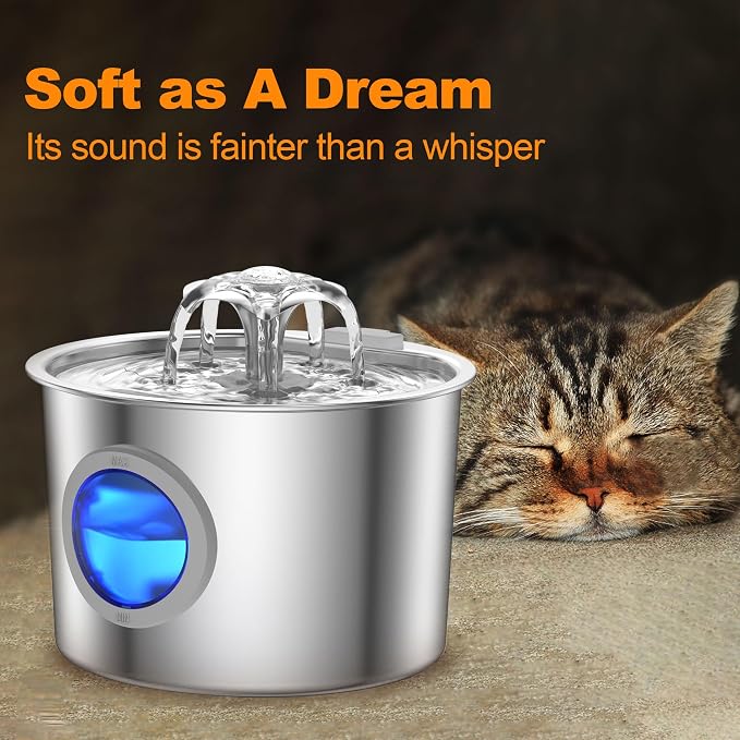 Cat Water Fountain Advanced 304 Stainless Steel 2.2L/74oz with 3-Pack Replaceable Filters, Detachable Tank, Easy to Clean, Automatic Pet Fountain Quiet Cats Water Dispenser, Dogs