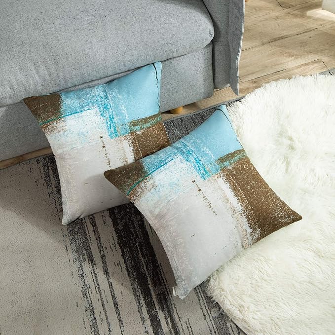 Throw Pillow Covers Set of 2, 20 x 20 Inch, Beige Blue Brown | Abstract Modern Art Outdoor Decorative Square Pillow Cases Couch Cushion Case for Couch Bed Sofa Living Room Home Decor
