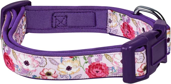 Blueberry Pet Soft & Comfy Peony Flower Print Neoprene Padded Adjustable Dog Collar, Mauve, Large, Neck 18"-26"