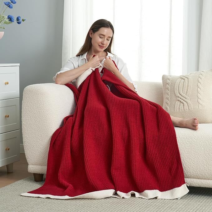 Chenille Throw Blanket, Soft Cozy Waffle Throw for Couch & Sofa, Warm Yet Lightweight, Breathable All-Season Throws for Women Men, Housewarming, Birthdays, 50"x60", Red