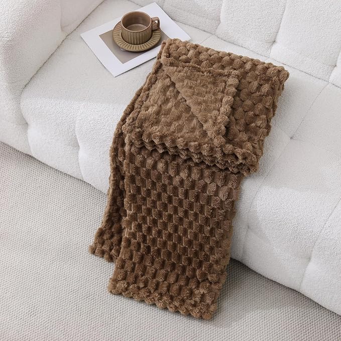 Brown Fleece Throw Blanket 50”×60” for Couch Sofa Bed | Super Soft Cozy Plush Microfiber Flannel Blanket with 3D Jacquard Decorative Lightweight for Mom Woman
