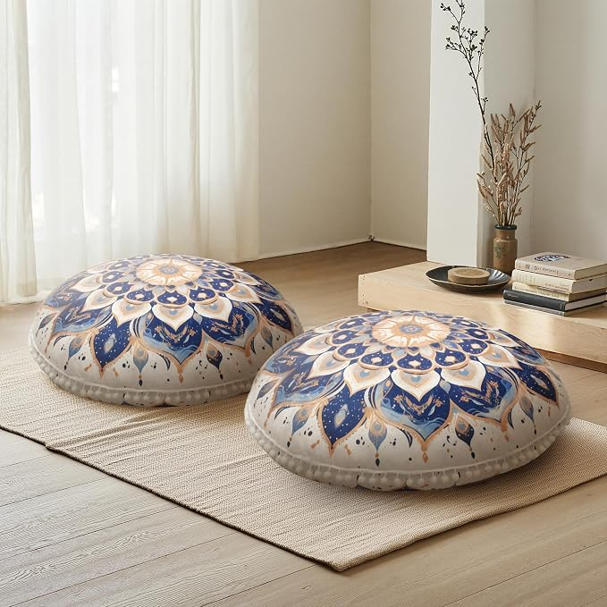 Meditation Cushion Set of 2, Round Floor Pillow Seating for Adults, Bohemian Mandala Yoga Cushion, 32" Extra Thick Memory Foam Removable Washable Cover, Ideal Gift Holiday Decor, Blue