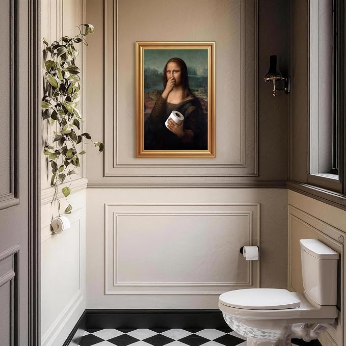 ICHZUMW Gold Framed Funny Mona Lisa Toilet Paper Canvas Wall Art, 16x24 In | Quirky Humorous Parody Painting Bathroom Wall Decor, Restroom Powder Room Guest Toilet, Fade Resistant, Ready to Hang