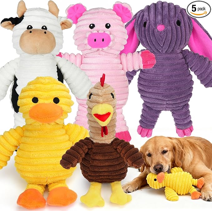 Prime Pets Dog Toys, 5 Pack, Plush Dog Squeaky Toys, Assortment Value Bundle Animal Pet Toy for Small Medium Large Dogs, Stuffed Puppy Chew Toy